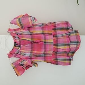 Pink Plaid Madras Open Shoulder Short Sleeved Bohemian Top with Tassel Ties